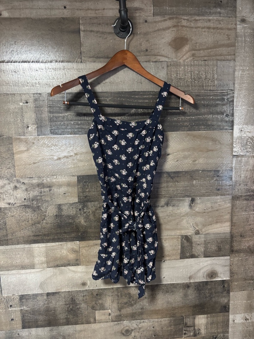Hollister Navy and White Floral Romper with Subtle Pink Accents XS